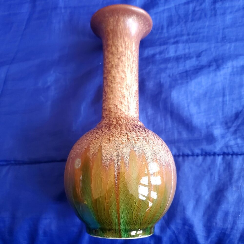 NOS Vtg 9" Hosley Pottery Vase Drip Crackle Ceramic Glaze Retro Bulb Green/Brown